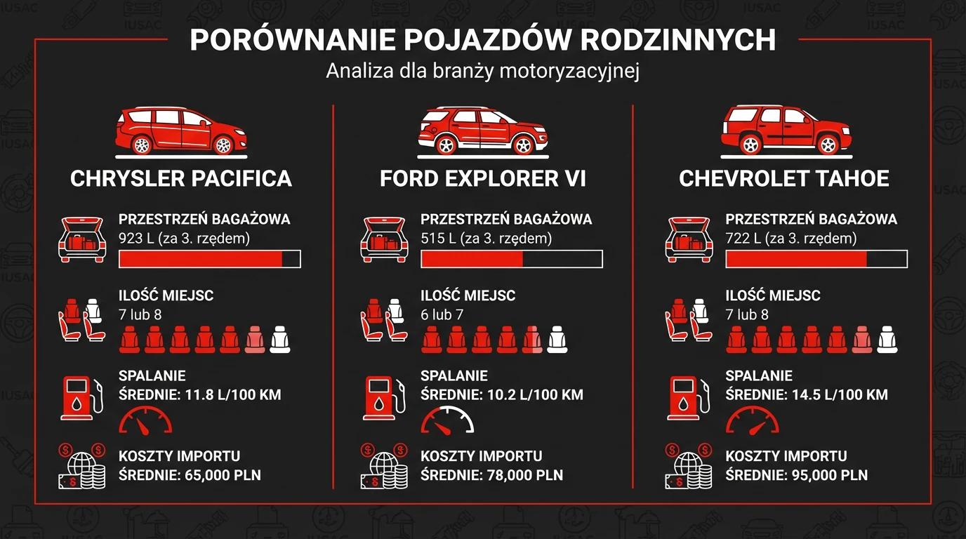 Infografika IUSAC porównująca auta rodzinne z USA: Chrysler Pacifica, Ford Explorer i Chevrolet Tahoe