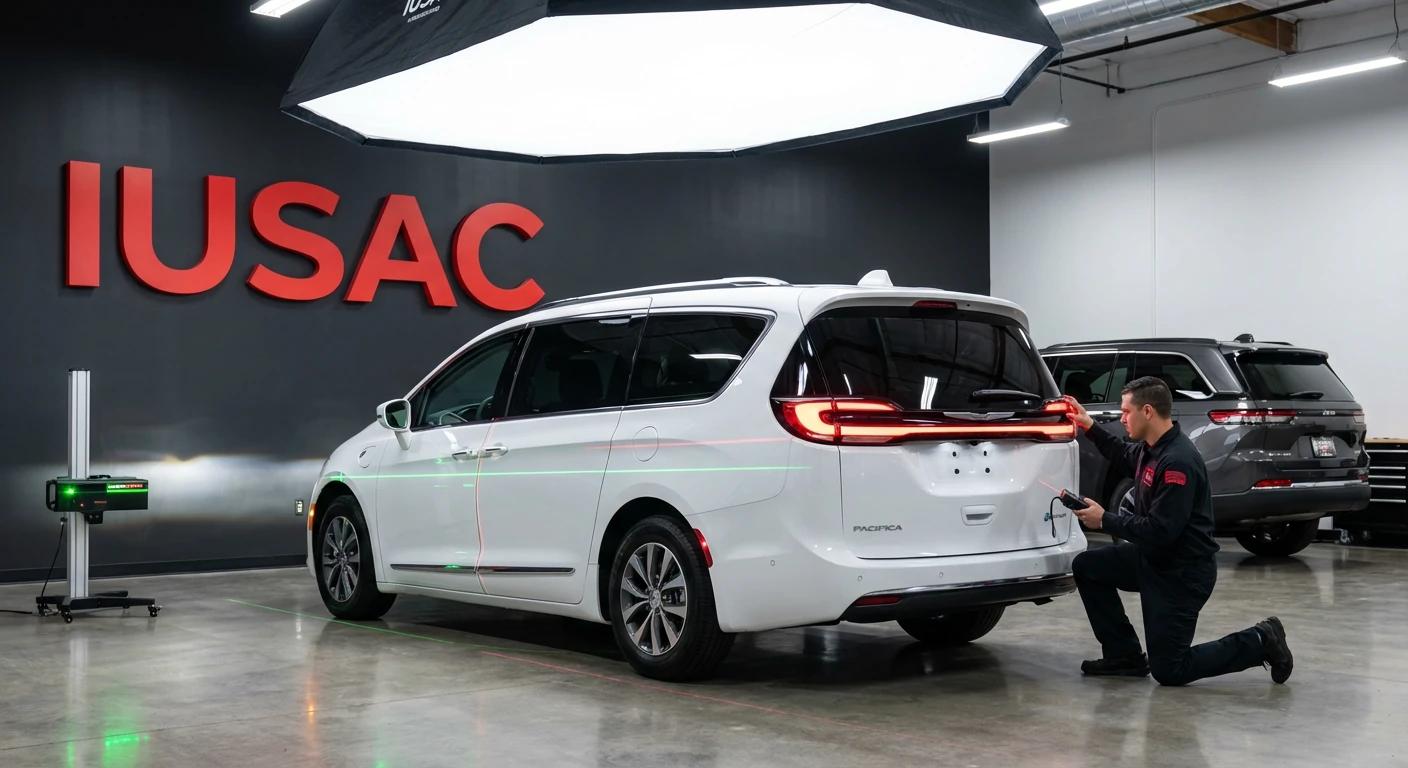 Specjalista IUSAC przeprowadzający homologację tylnych świateł w białym Chrysler Pacifica Hybrid z USA