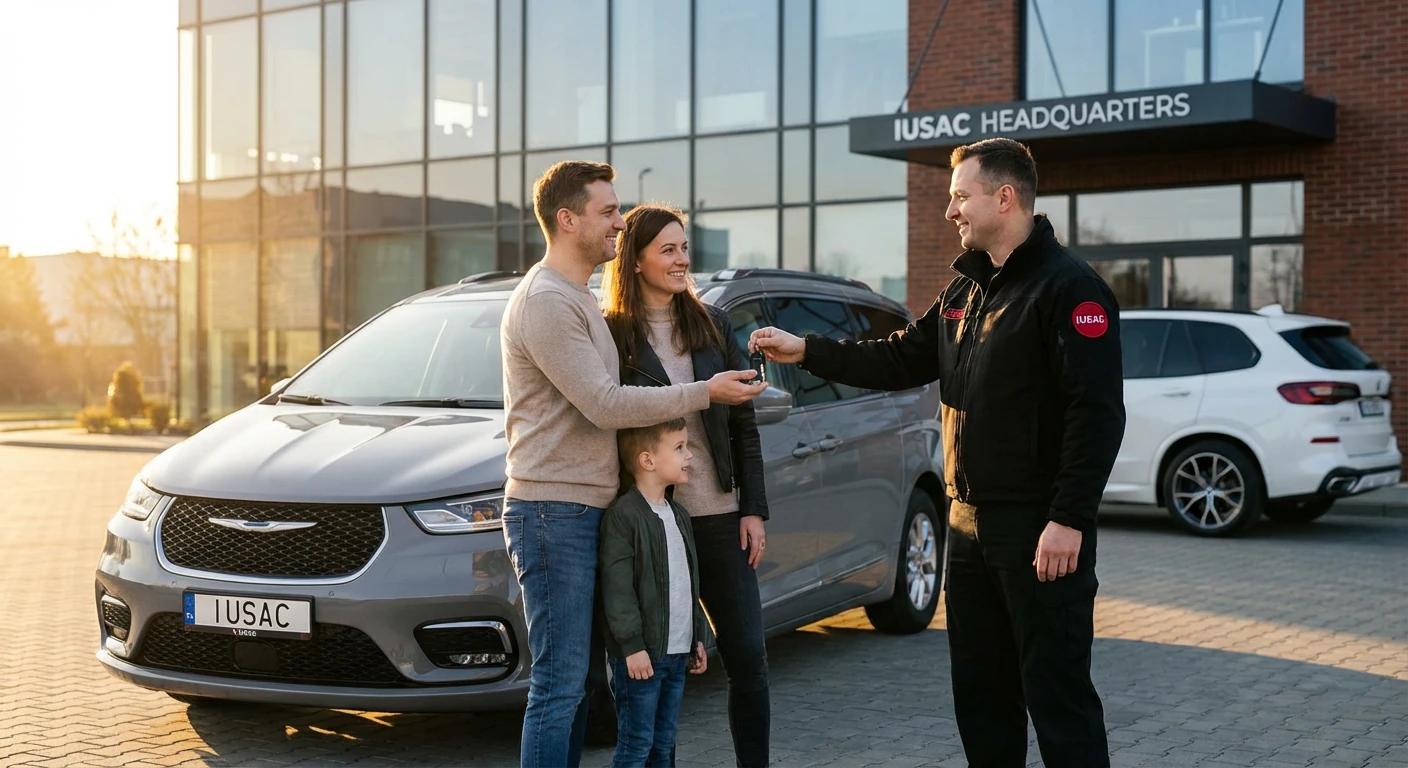 Szczęśliwa rodzina odbierająca kluczyki do sprowadzonego z USA Chryslera Pacifica od przedstawiciela IUSAC
