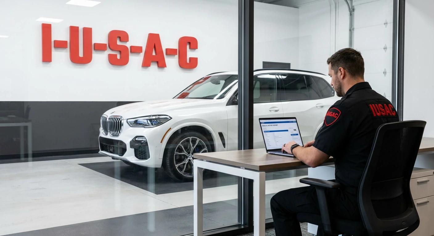 Ekspert IUSAC analizujący dekoder VIN USA na tle BMW X5 w biurze.
