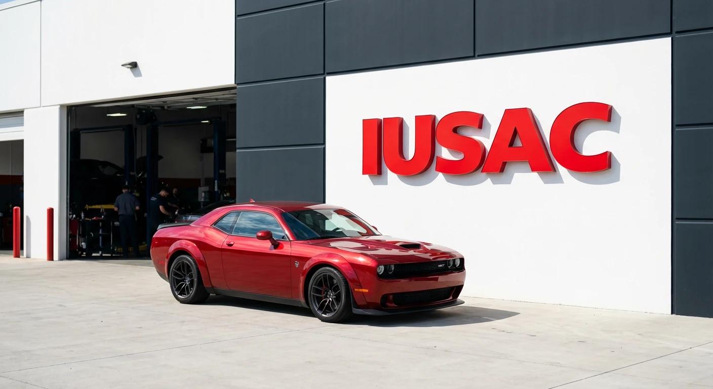 Czerwony Dodge Challenger SRT Hellcat 2023 przed nowoczesnym serwisem IUSAC