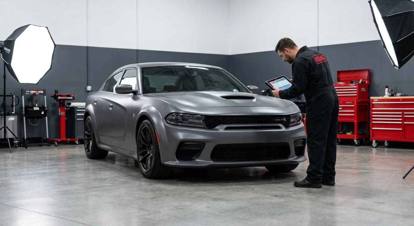 Mechanik IUSAC sprawdzający szarego Dodge Charger Scat Pack w warsztacie