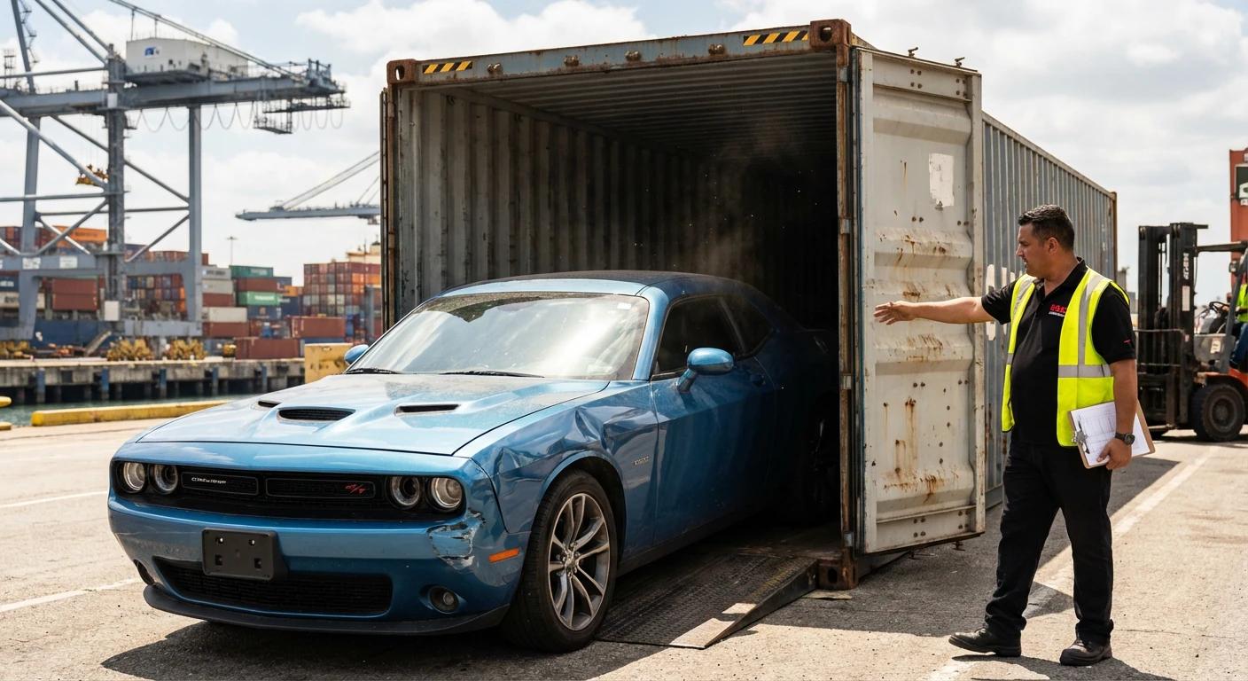 Rozładunek sprowadzonego z USA Dodge Challenger R/T z kontenera morskiego