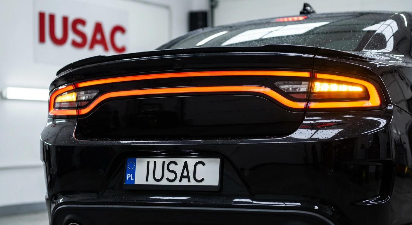 Tylne światła Dodge Charger z homologacją europejską i tablicą rejestracyjną IUSAC