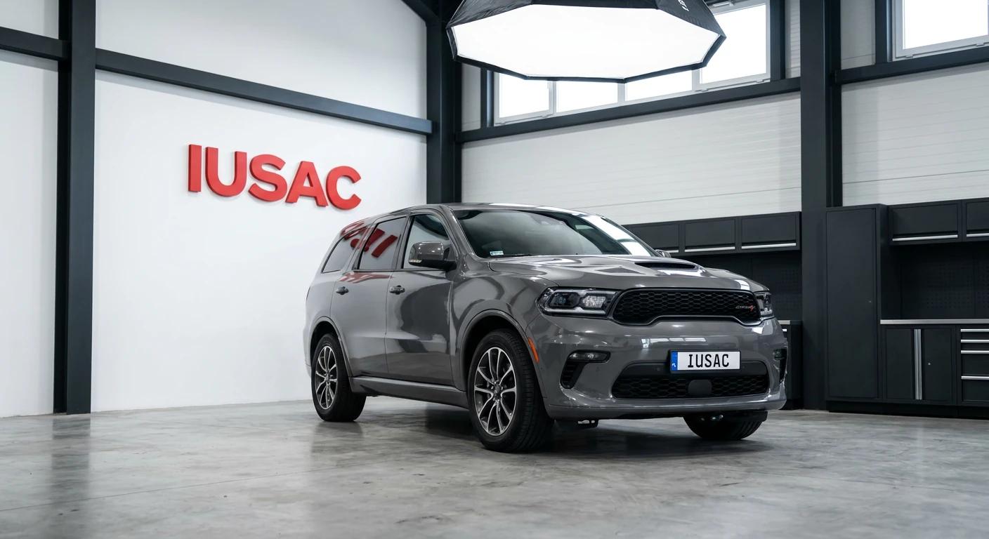 Szary Dodge Durango R/T 2024 zaparkowany w nowoczesnym warsztacie IUSAC, gotowy do wydania klientowi po imporcie z USA.