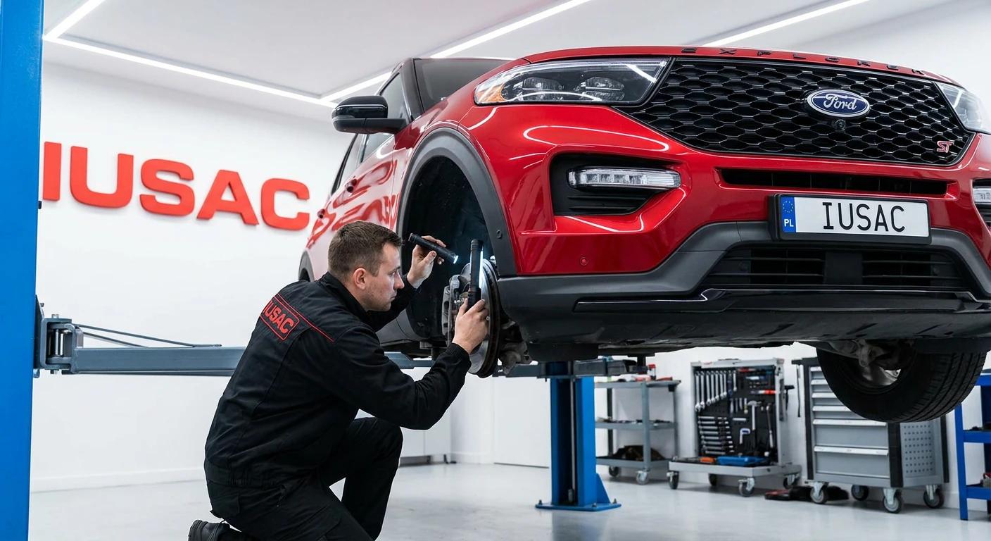 Mechanik IUSAC sprawdzający zawieszenie czerwonego Forda Explorera ST 2024 na podnośniku w warsztacie.