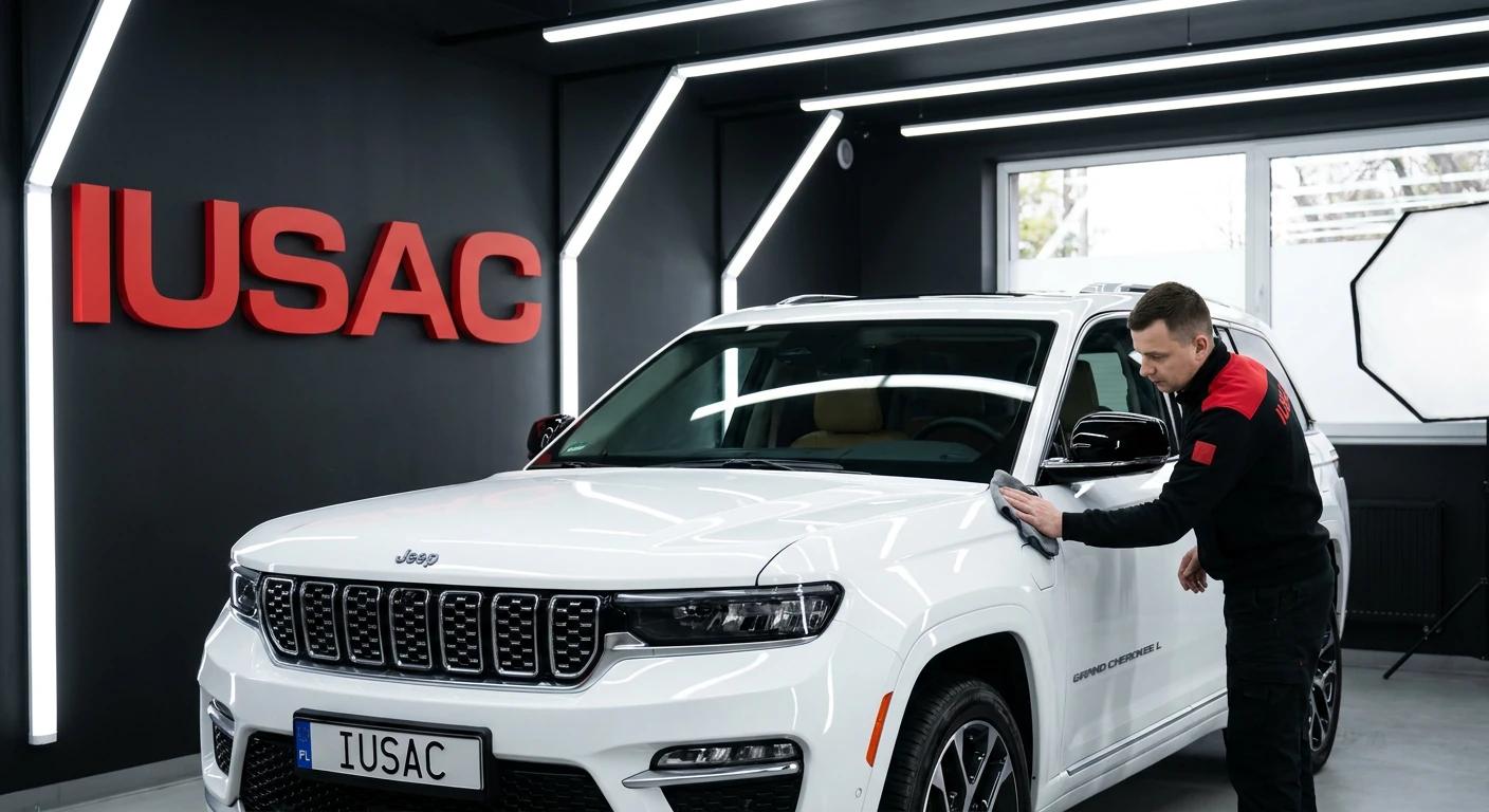 Technik IUSAC polerujący białego Jeepa Grand Cherokee L 2026 po procesie homologacji i konwersji oświetlenia z USA.