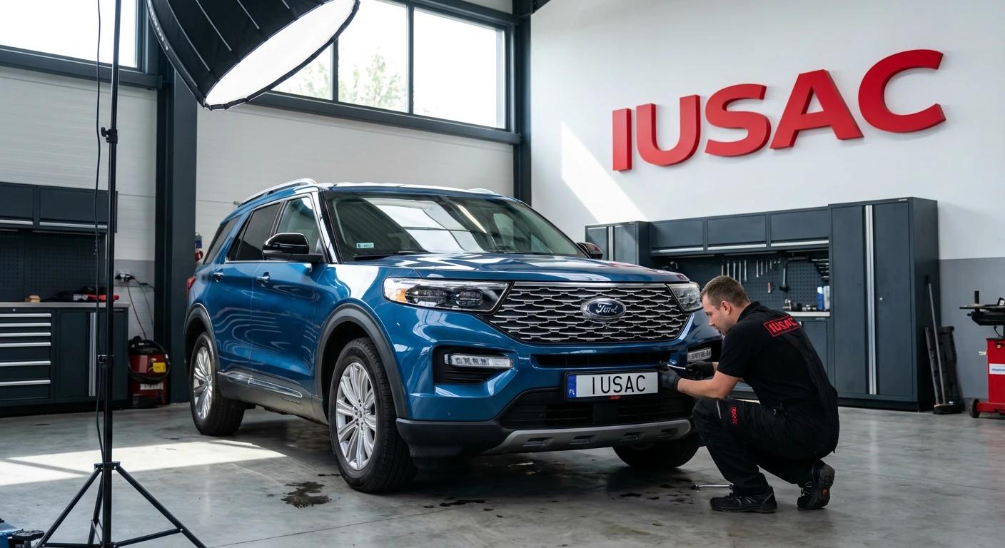 Mechanik IUSAC sprawdzający stan sprowadzonego z USA Forda w nowoczesnym warsztacie w Polsce