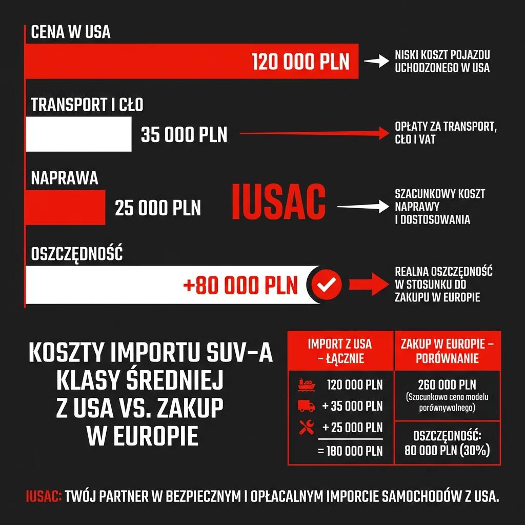 Infografika IUSAC przedstawiająca kalkulację kosztów importu SUV-a z USA w 2026 roku
