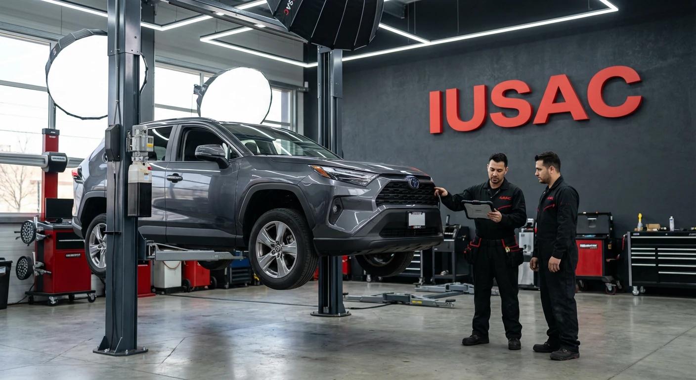 Technicy IUSAC diagnozujący zawieszenie japońskiego SUV-a z USA na podnośniku w serwisie