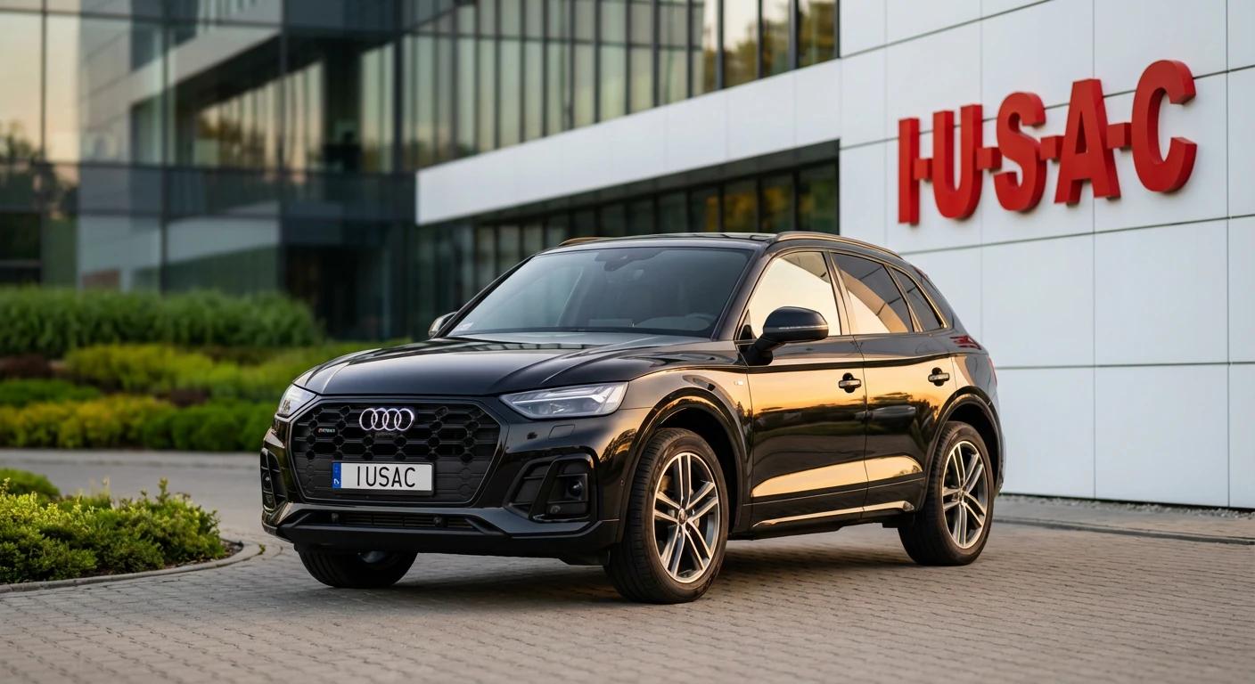 Gotowy do odbioru luksusowy SUV sprowadzony z USA przed nowoczesnym biurem firmy IUSAC