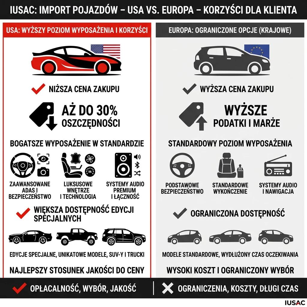 Infografika porównująca rynek USA i Europy dla Forda Mustanga pod kątem opłacalności