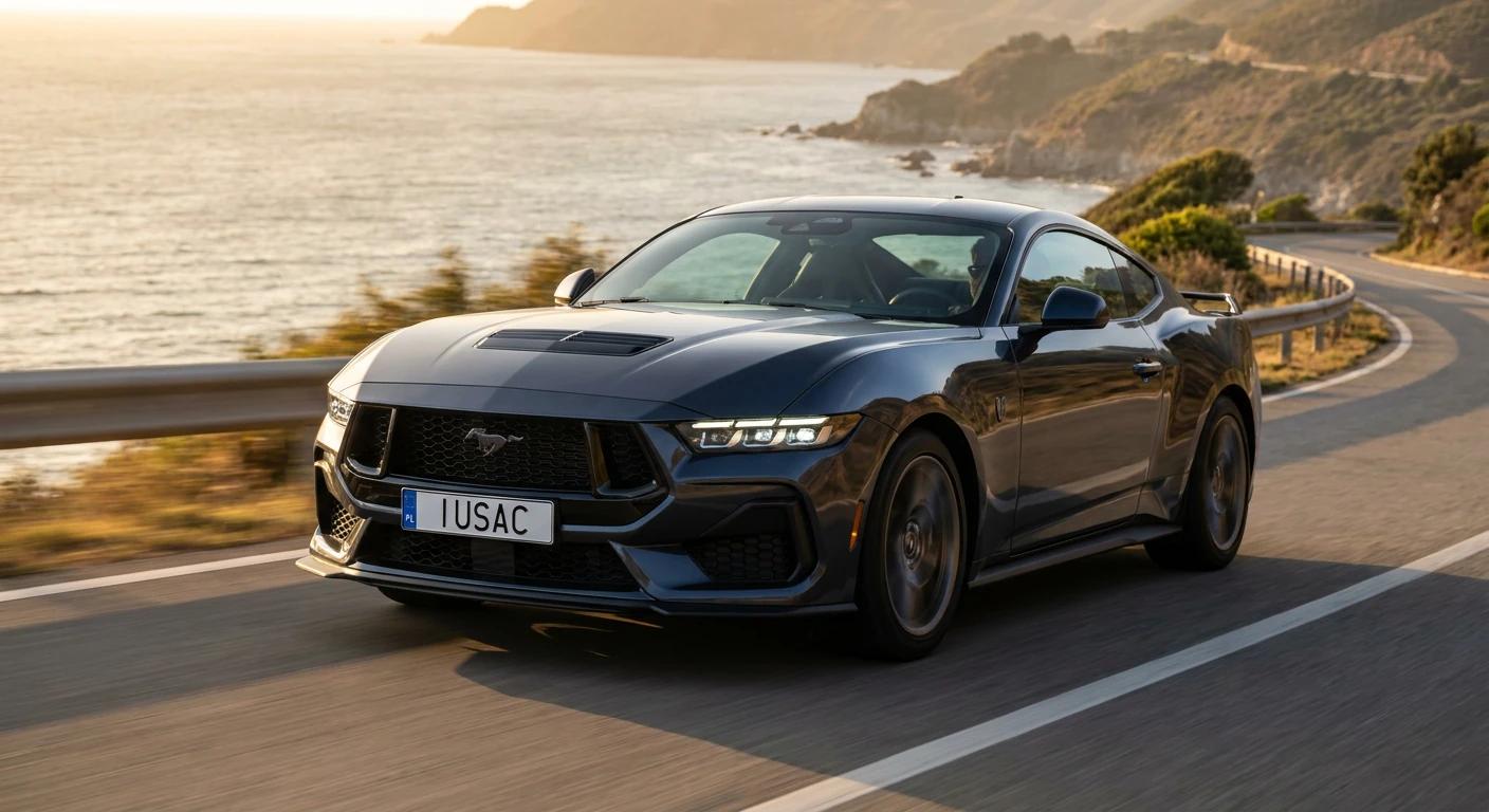 Ford Mustang Dark Horse z USA na polskich drogach z tablicą rejestracyjną IUSAC