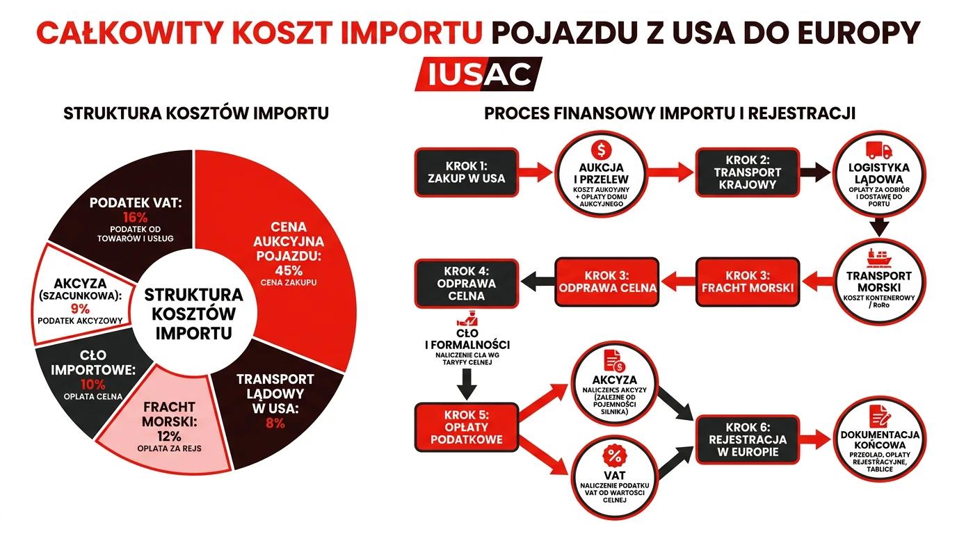 Wykres kosztów sprowadzenia Forda Mustanga z USA w 2026 roku z podziałem na cło i akcyzę