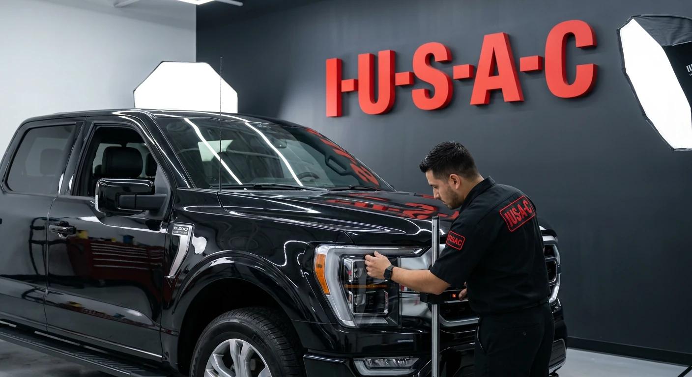 Technik IUSAC przeprowadzający homologację oświetlenia w Fordzie z USA