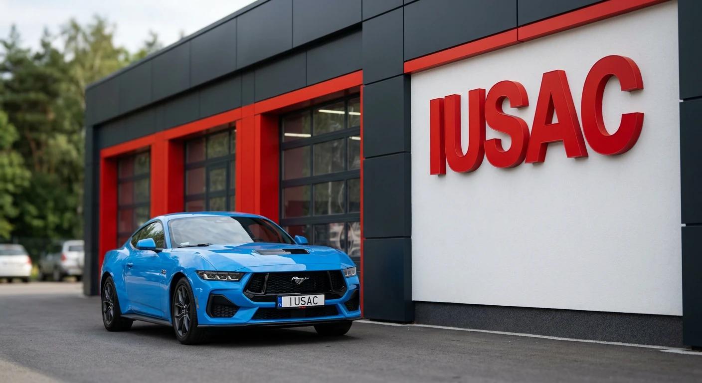 Niebieski Ford Mustang 2024 przed siedzibą IUSAC, gotowy na procedurę gdzie zapłacić akcyzę za samochód z USA.