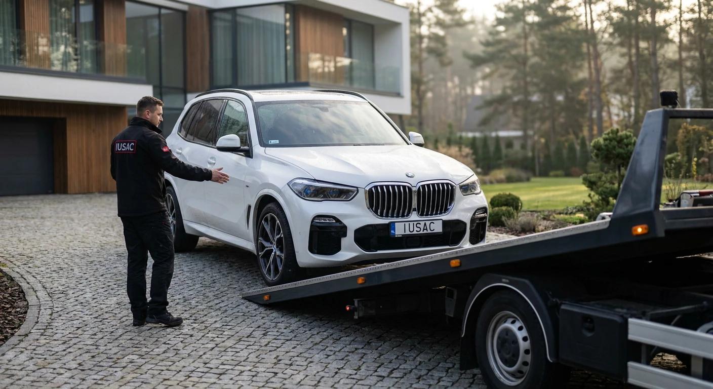 Białe BMW X5 dostarczane na lawecie pod dom klienta w Gdańsku przez pracownika IUSAC