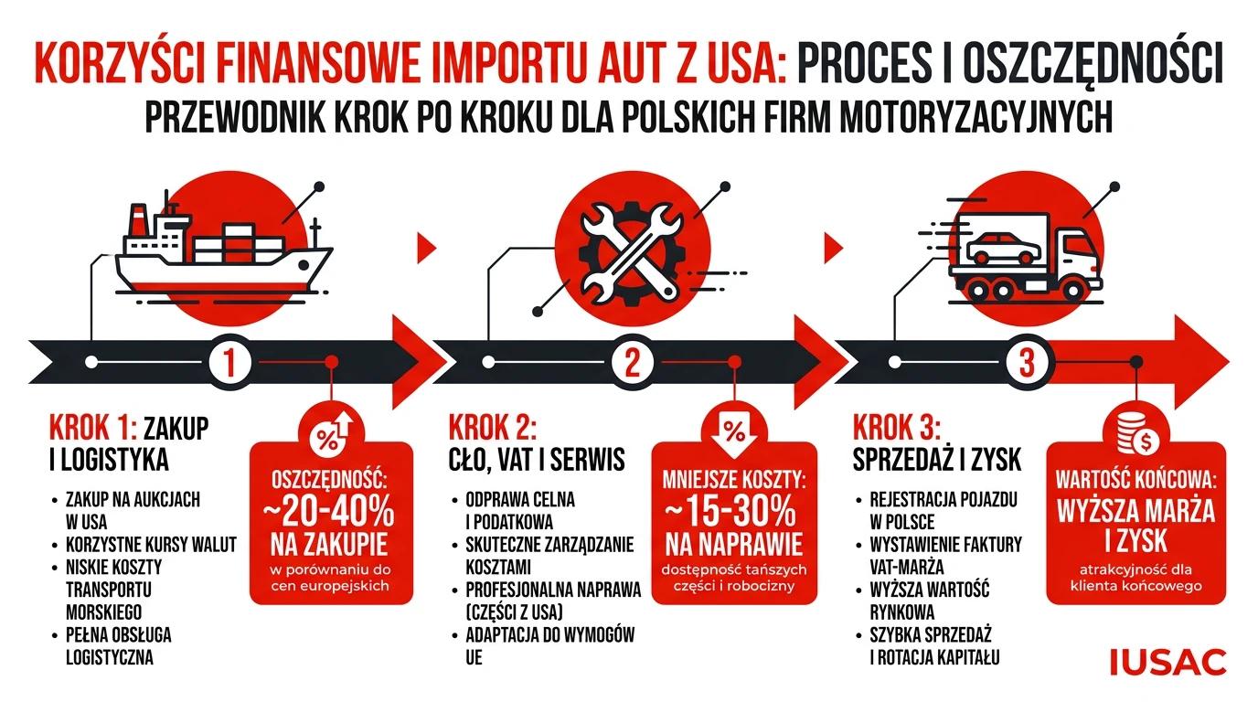 Infografika przedstawiająca proces importu aut z USA i korzyści finansowe z IUSAC