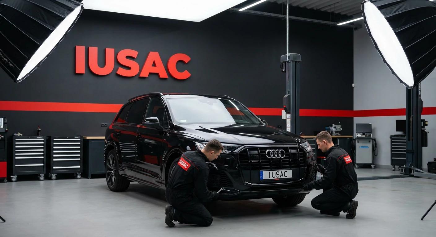Czarne Audi Q7 w nowoczesnym warsztacie IUSAC podczas procesu naprawy i homologacji