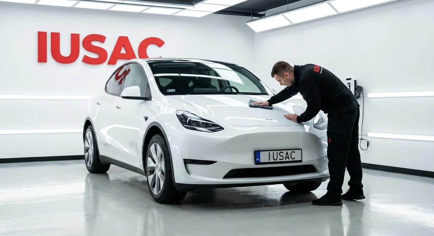 Biała Tesla Model Y przygotowywana do dostawy w studiu detailingowym IUSAC