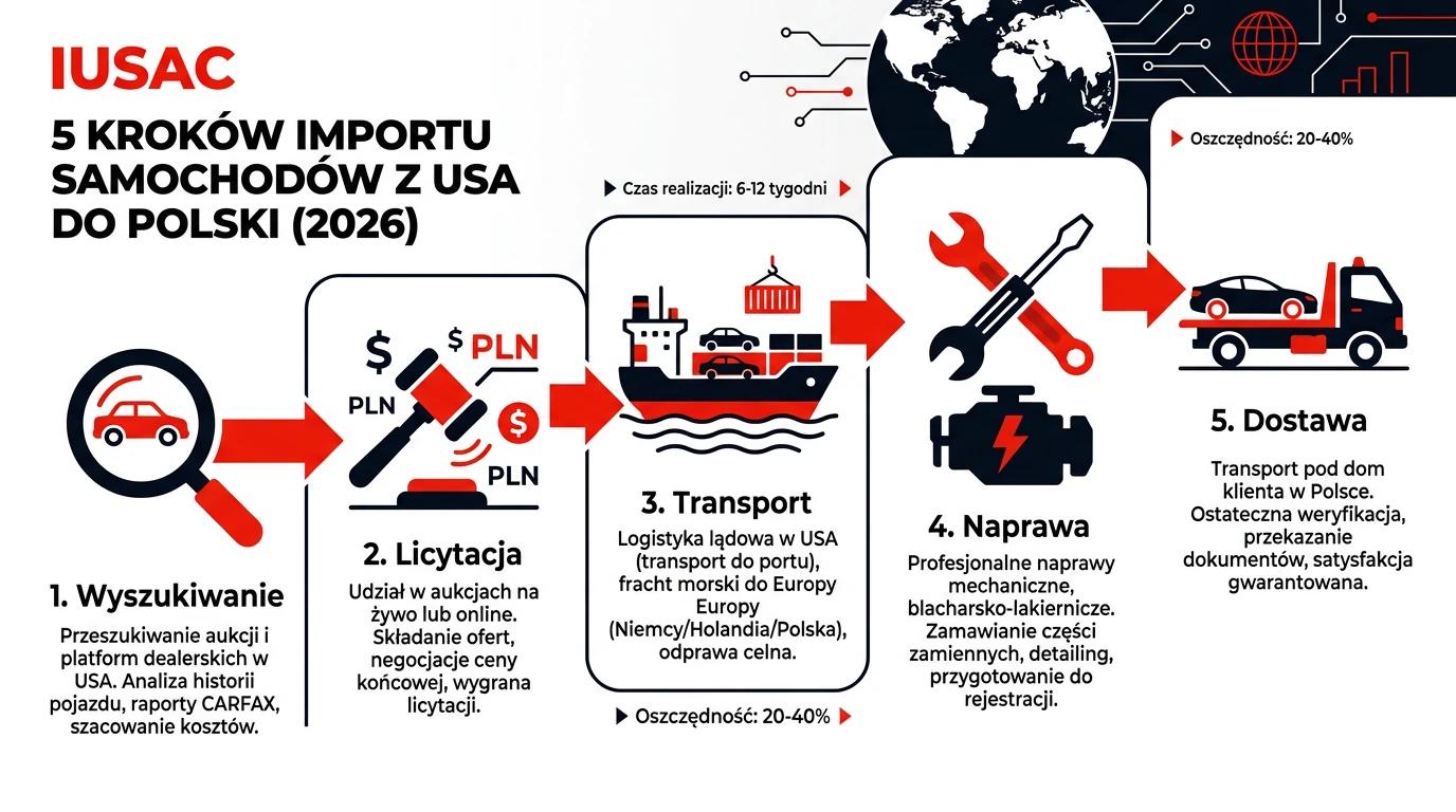 Infografika przedstawiająca 5 kroków importu aut z USA realizowanych przez IUSAC