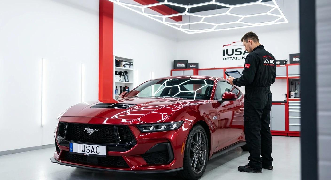 Technik IUSAC diagnozujący Forda Mustanga po imporcie z USA w warsztacie