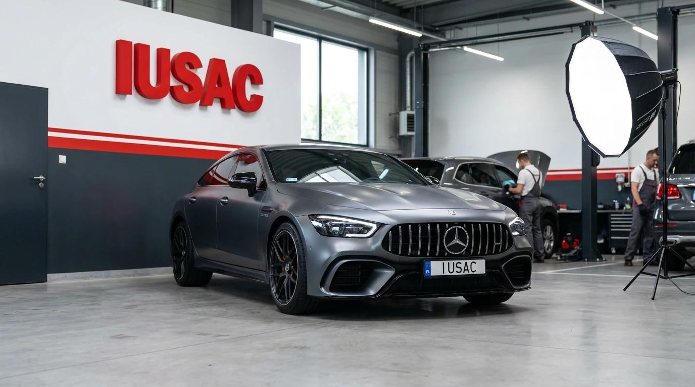 Luksusowy Mercedes AMG GT 63 w nowoczesnym warsztacie IUSAC - import luksusowych aut z USA.