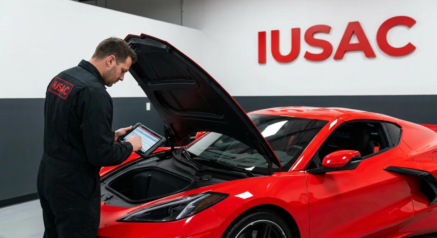 Technik IUSAC diagnozujący silnik Chevrolet Corvette C8 w serwisie premium w Polsce.