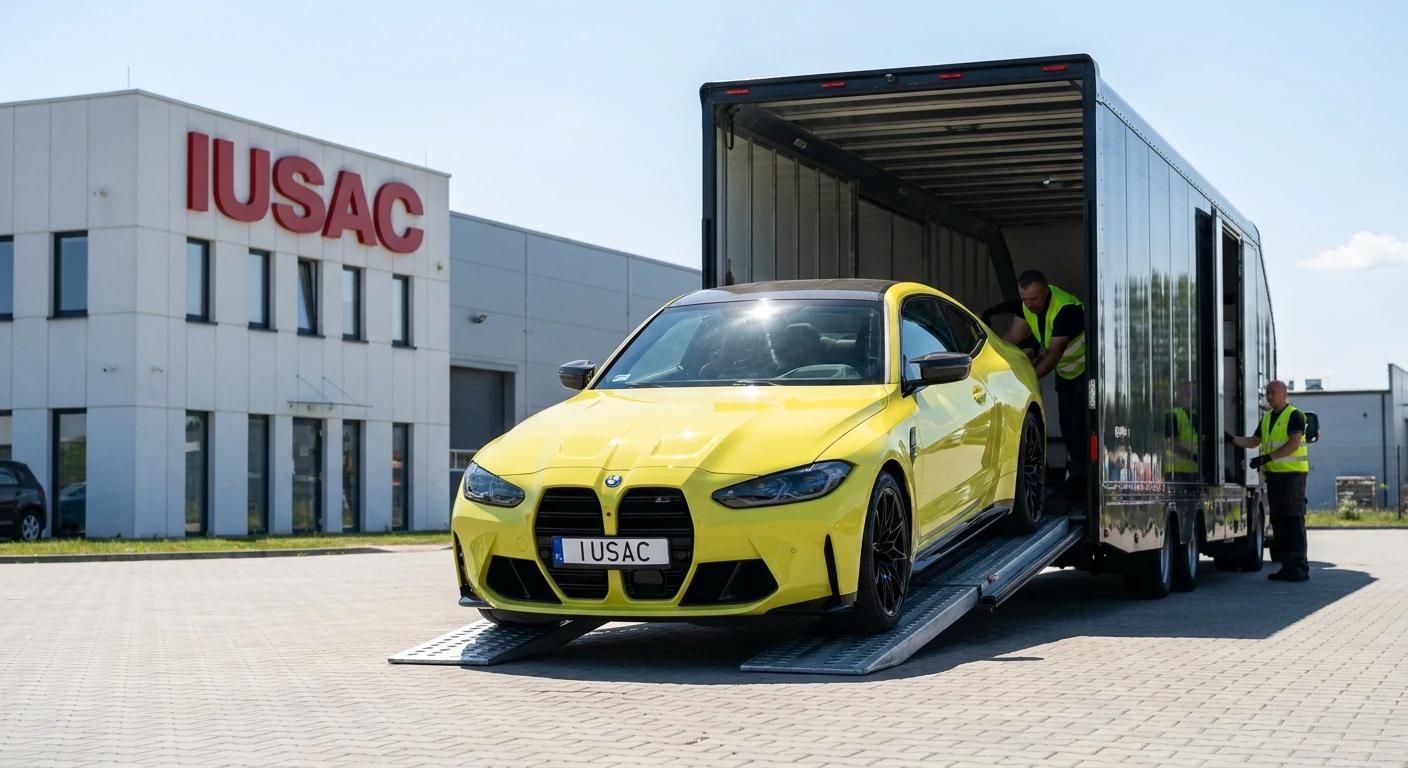 Rozładunek sportowego BMW M4 G82 z zamkniętego kontenera w centrum logistycznym IUSAC.