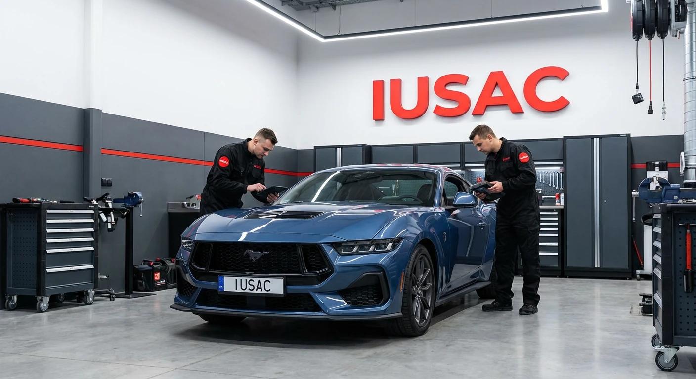 Technicy IUSAC sprawdzający Forda Mustanga S650 2025 w nowoczesnym warsztacie - iusac opinie i realizacje