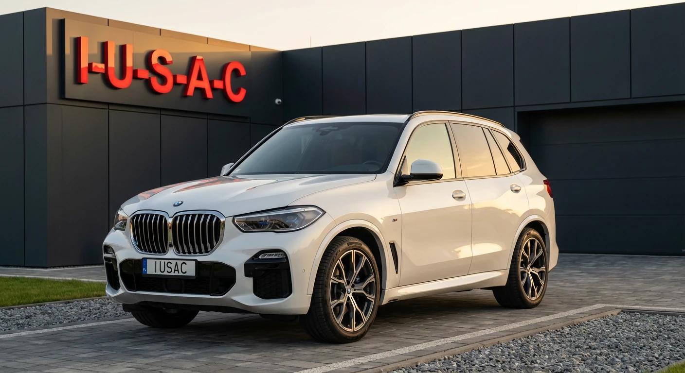 Luksusowe BMW X5 G05 sprowadzone i naprawione przez IUSAC na tle siedziby firmy - realizacje iusac