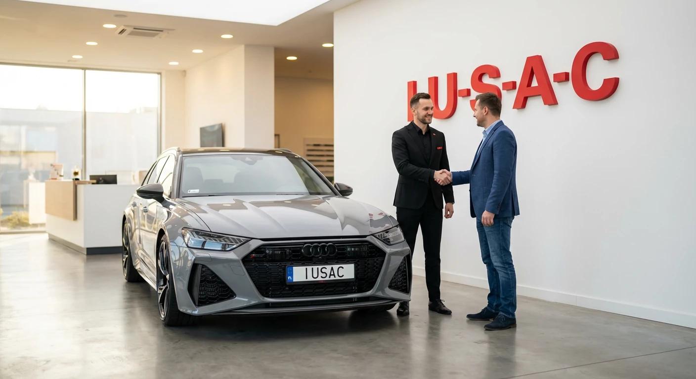 Zadowolony klient odbierający kluczyki do Audi RS6 Avant od przedstawiciela IUSAC - pozytywne iusac opinie