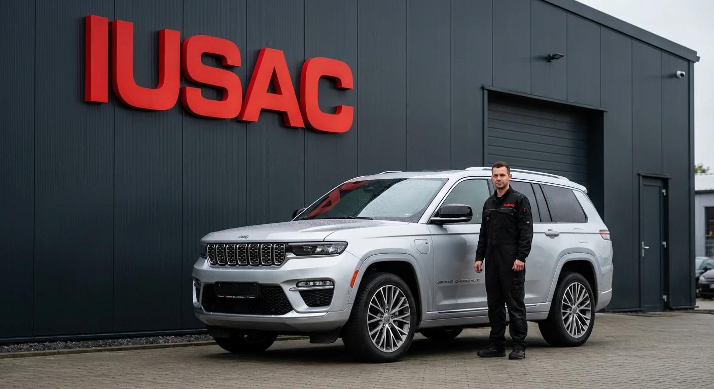 Srebrny Jeep Grand Cherokee 2026 zaparkowany przed nowoczesnym serwisem IUSAC