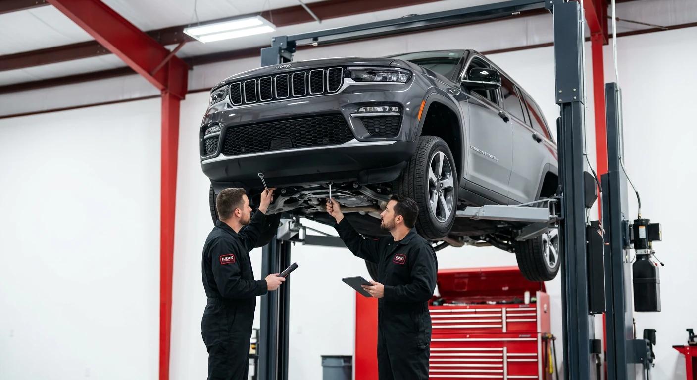 Mechanicy IUSAC sprawdzający podwozie Jeepa Grand Cherokee z USA na podnośniku