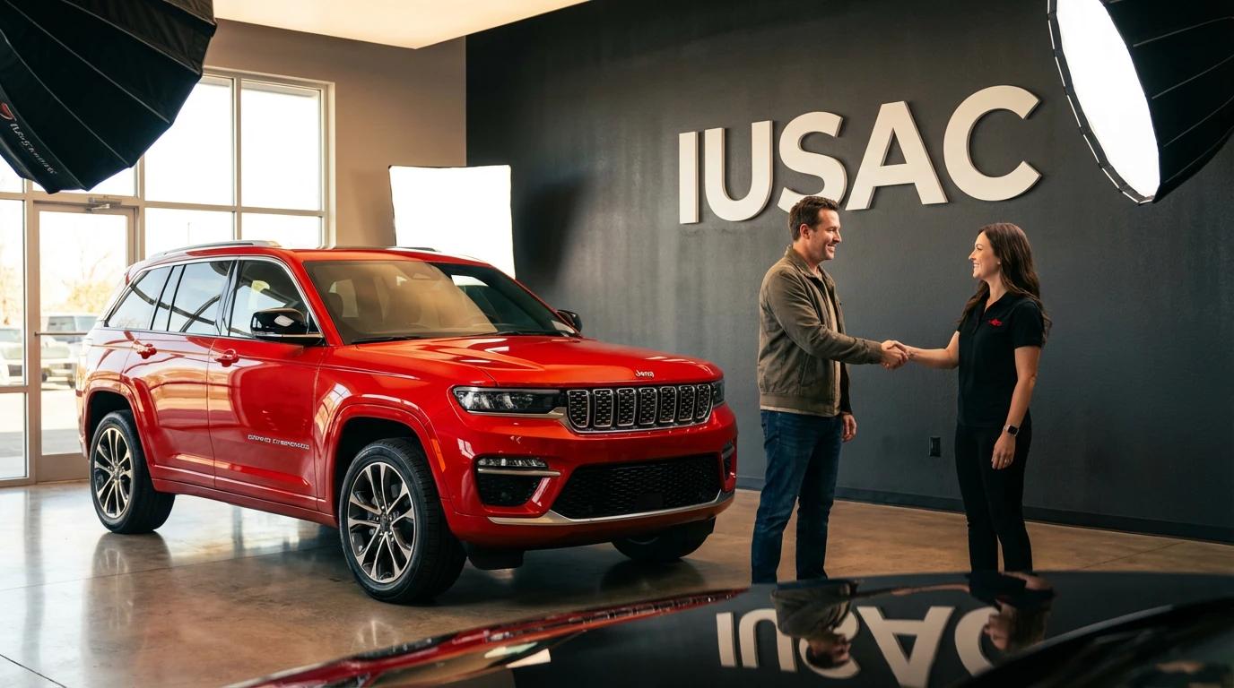 Zadowolony klient odbierający naprawionego Jeepa Grand Cherokee w salonie IUSAC