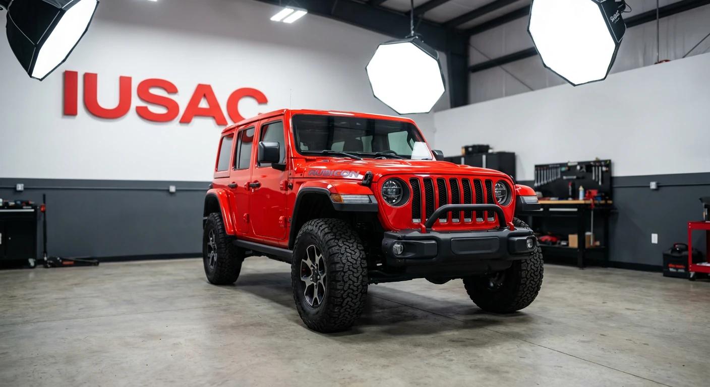 Czerwony Jeep Wrangler JL Rubicon 2024 w nowoczesnym warsztacie IUSAC, gotowy po imporcie z USA.
