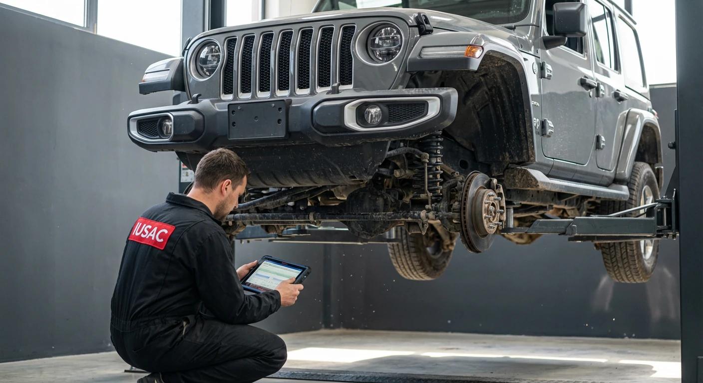 Technik IUSAC weryfikujący stan zawieszenia Jeepa Wranglera Sahara 2023 sprowadzonego z Ameryki.