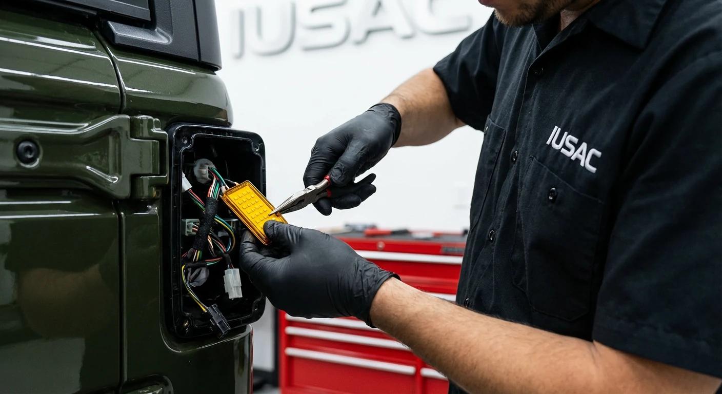Specjalista IUSAC przeprowadzający konwersję amerykańskich świateł w Jeepie Wranglerze Willys 2025.