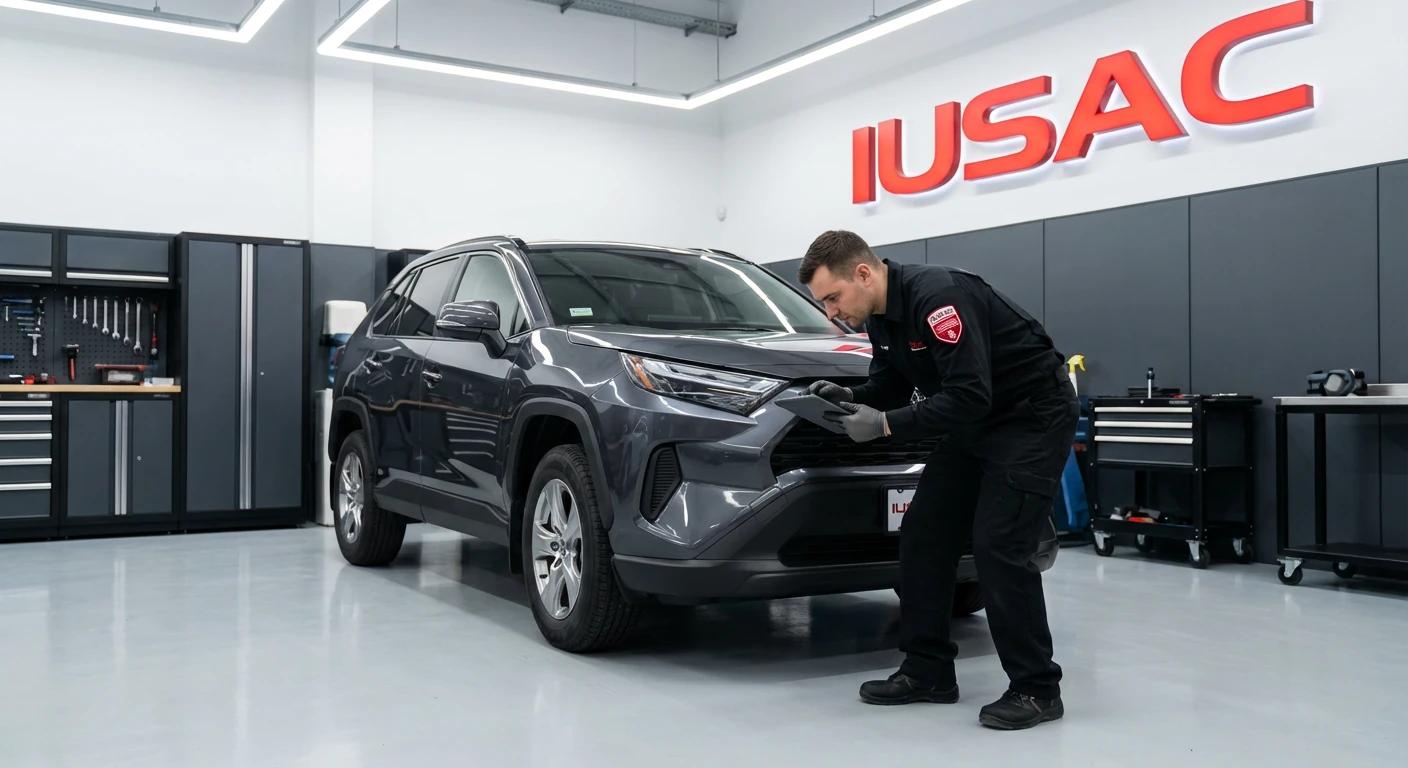 Technik IUSAC w czarnym kombinezonie oceniający stan SUV-a z USA przed rozpoczęciem naprawy powypadkowej