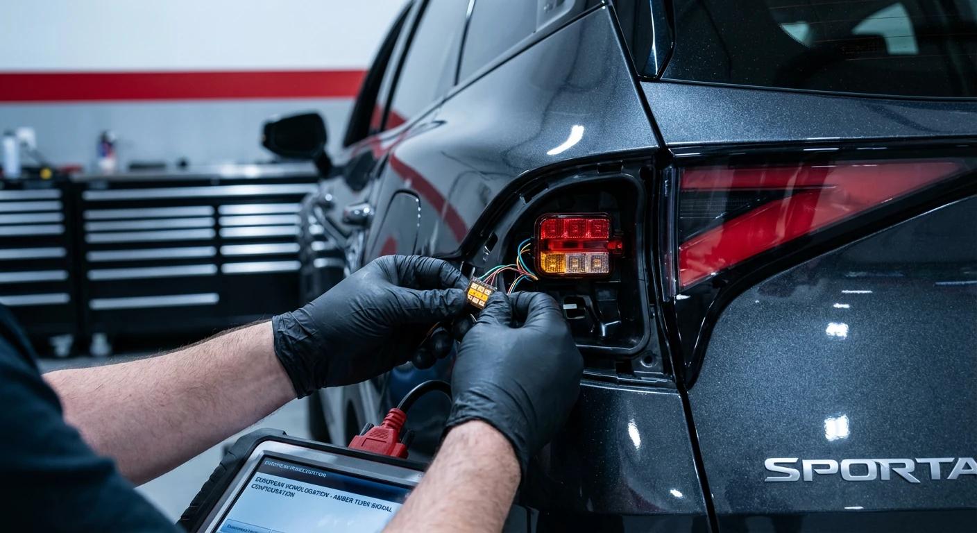 Specjalista IUSAC modyfikujący tylne lampy LED w Kii Sportage podczas procesu europejskiej homologacji auta z USA