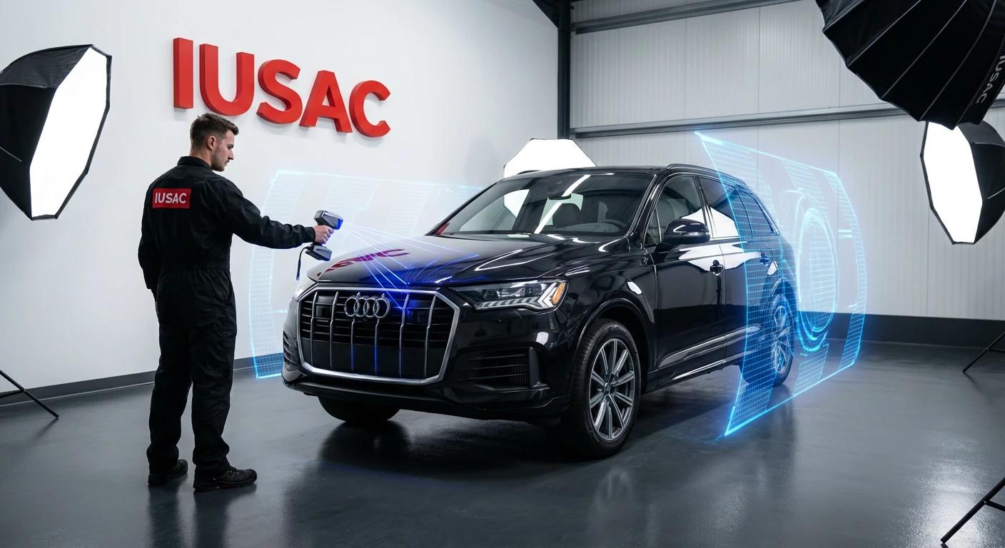 Technik IUSAC diagnozujący płytę podłogową Audi Q7 za pomocą skanera 3D podczas naprawy powypadkowej.