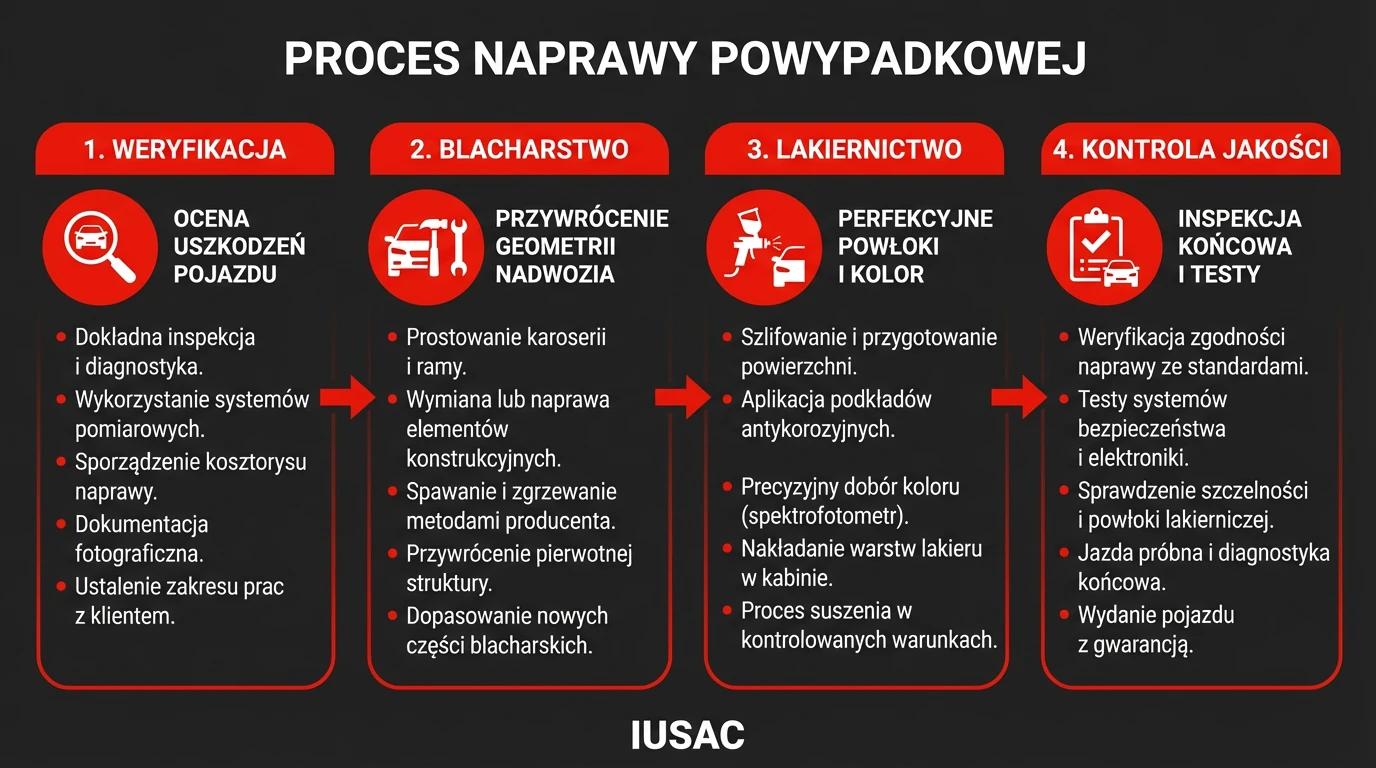Infografika przedstawiająca etapy procesu: IUSAC Group naprawa powypadkowa aut z USA.