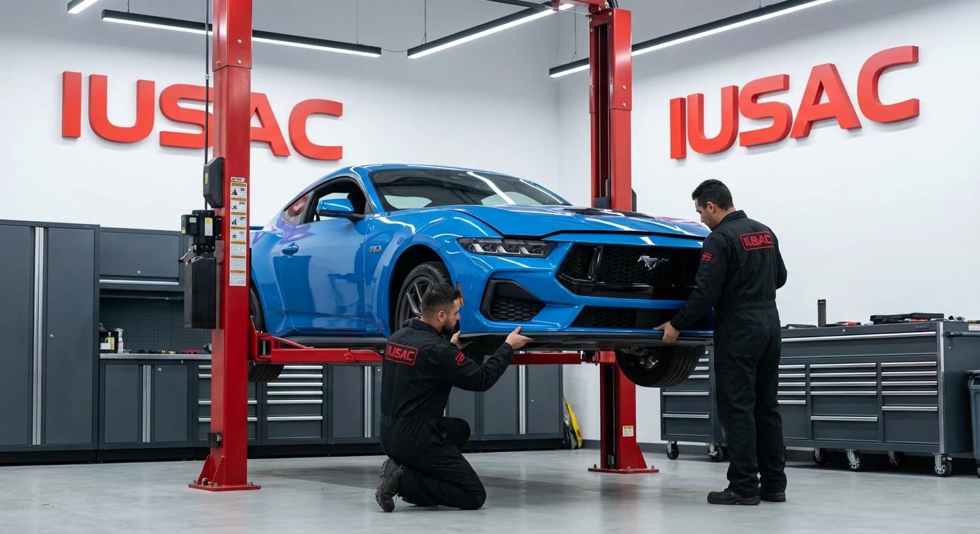 Mechanicy IUSAC montujący oryginalne części w Fordzie Mustang S650 w trakcie naprawy powypadkowej.