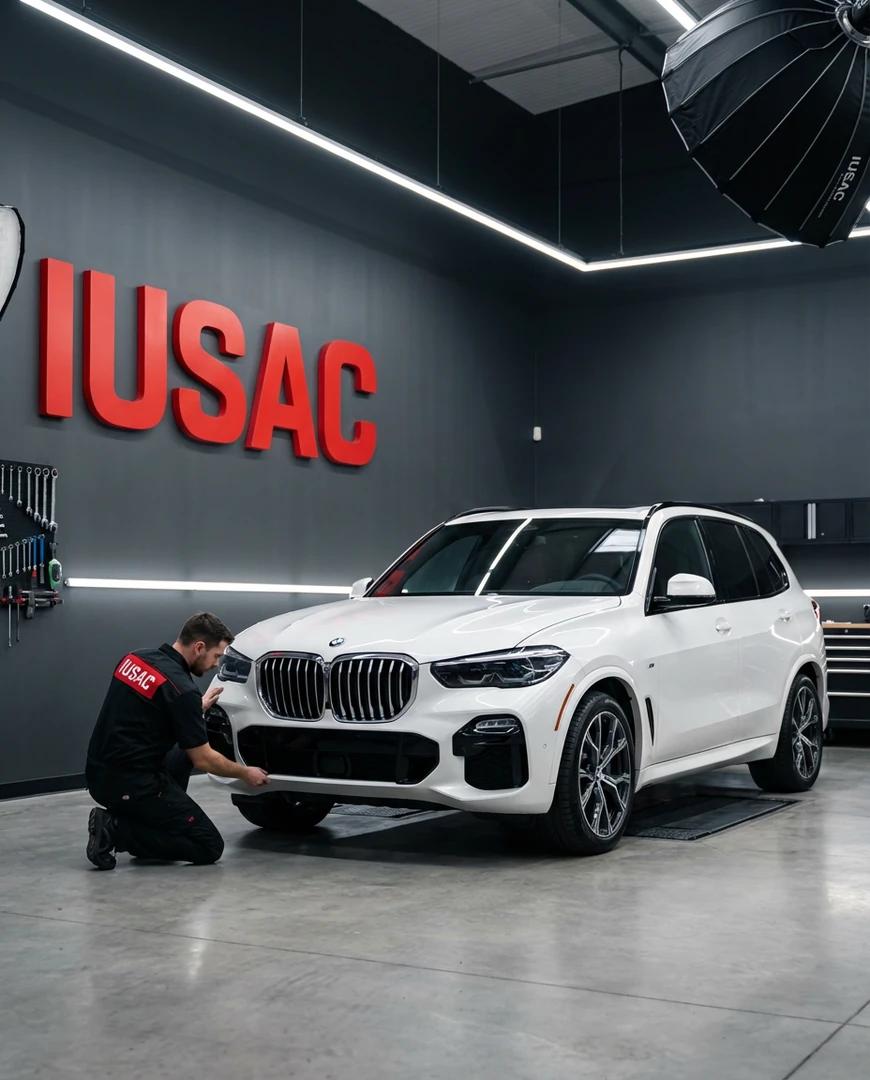 Białe BMW X5 G05 w nowoczesnym warsztacie IUSAC - kompleksowy import i naprawa aut z usa.