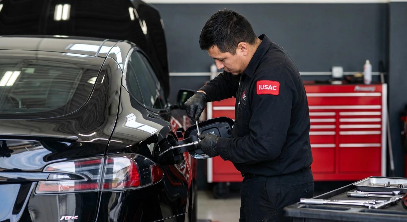 Specjalista IUSAC wymieniający port ładowania NACS na CCS2 w Tesla Model S podczas konwersji na Europę