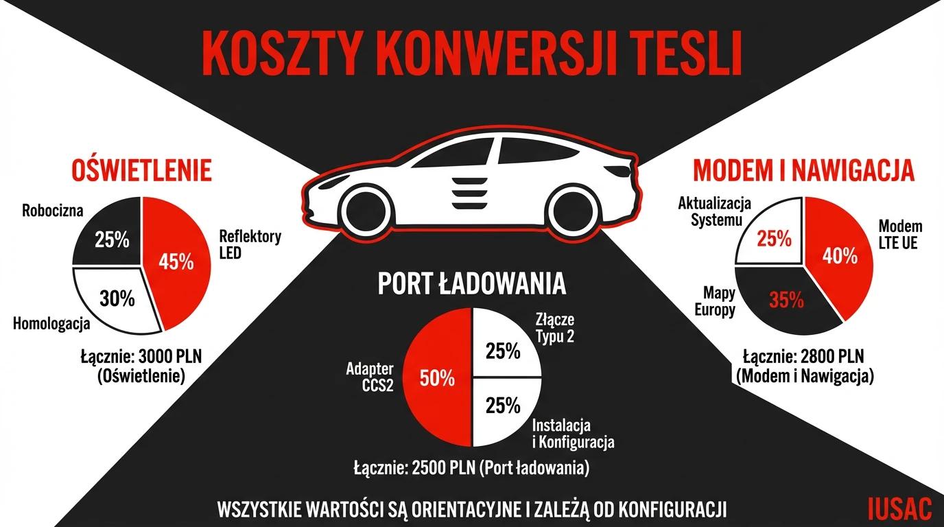 Infografika IUSAC przedstawiająca szczegółowe koszty konwersji Tesli z USA na Europę w tym oświetlenie i port ładowania