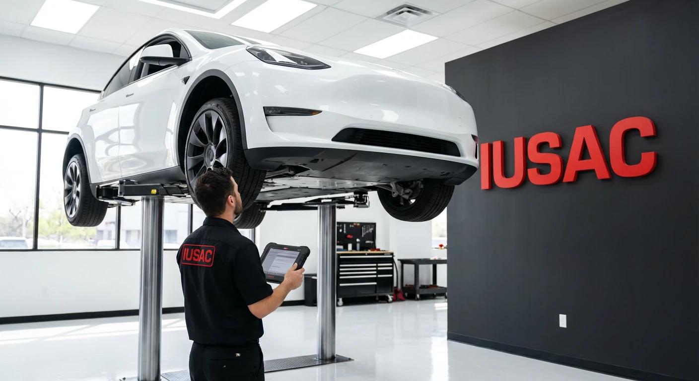 Diagnostyka oprogramowania Tesla Model Y z USA na podnośniku w profesjonalnym warsztacie samochodowym IUSAC