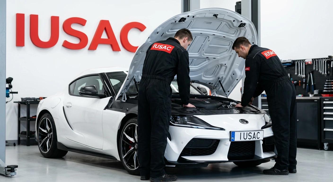 Warsztat IUSAC importujący auta premium z USA, na zdjęciu sportowa Toyota Supra A90 przygotowywana do wydania klientowi