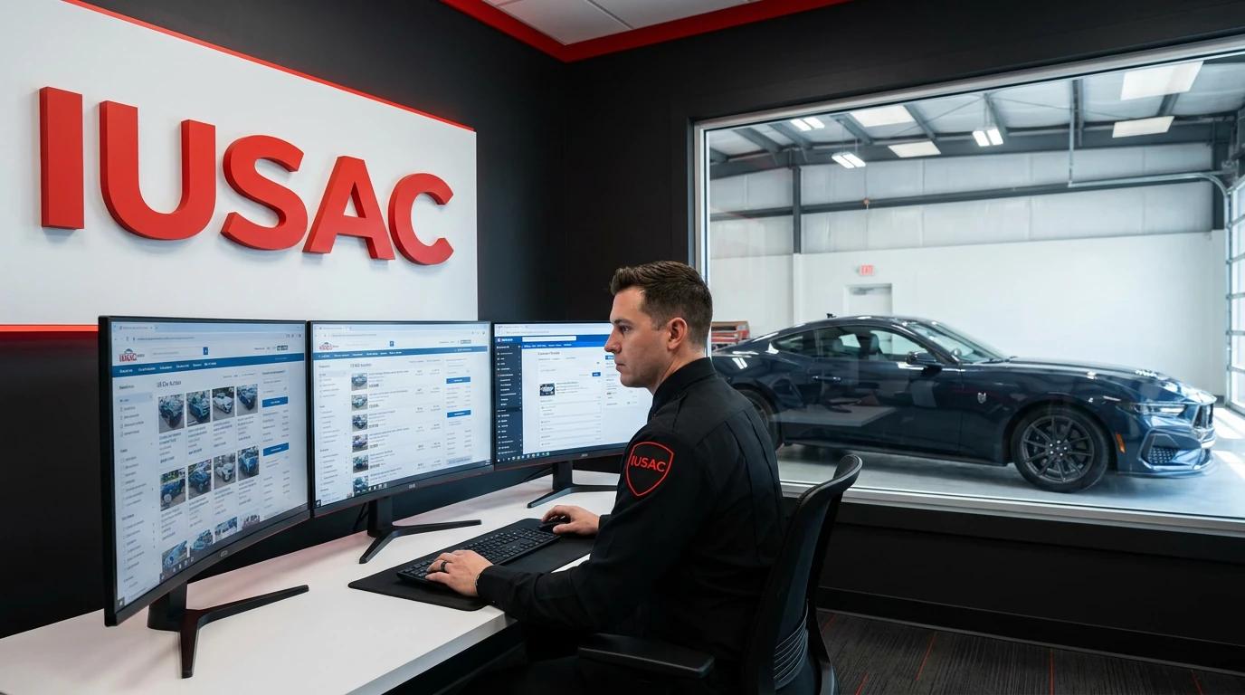 Ekspert IUSAC analizujący aukcje aut z USA na monitorach, w tle Ford Mustang S650 w nowoczesnym biurze