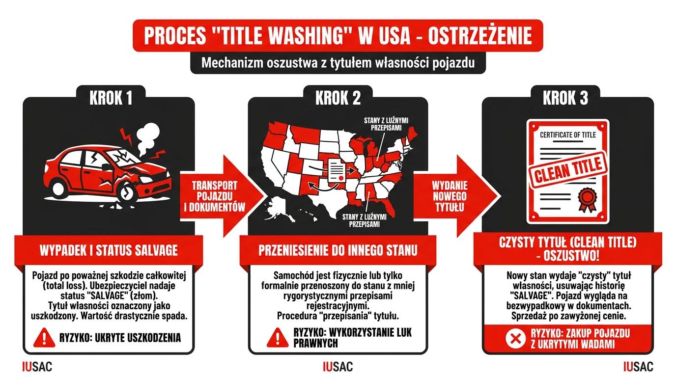 Infografika IUSAC wyjaśniająca proces prania tytułu własności (Title Washing) i oszustwa na aukcjach USA